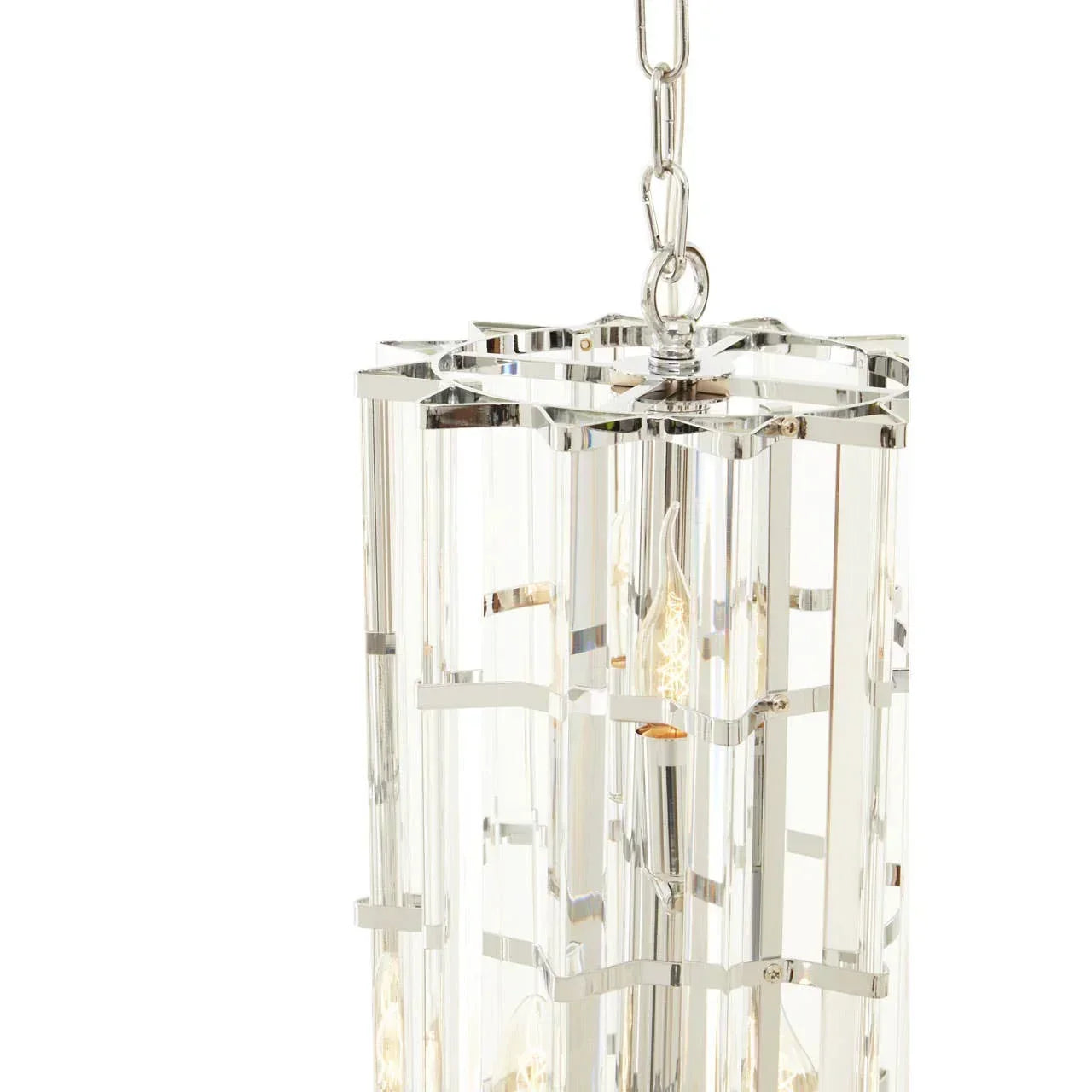 Chrome and glass pendant light with vertical crystal panels and metal chain detail