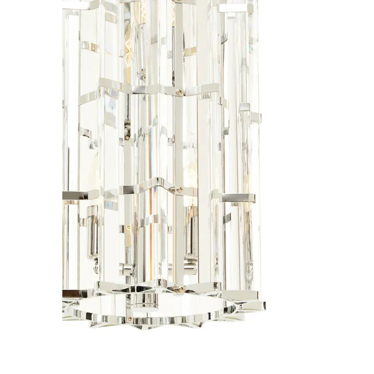 Modern crystal chandelier with clear glass prisms and chrome frame, close-up view