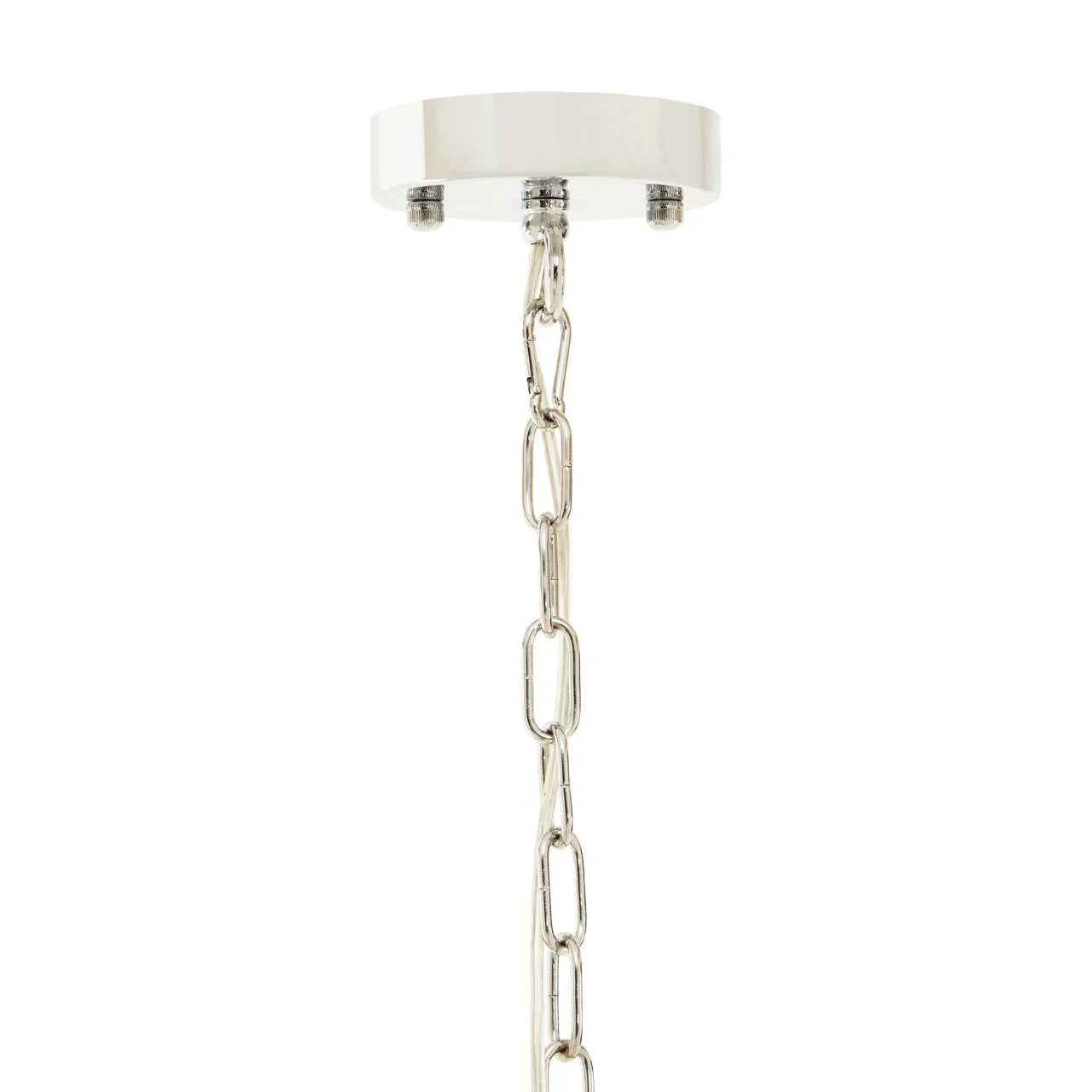 Chrome ceiling light fitting with silver hanging chain close-up
