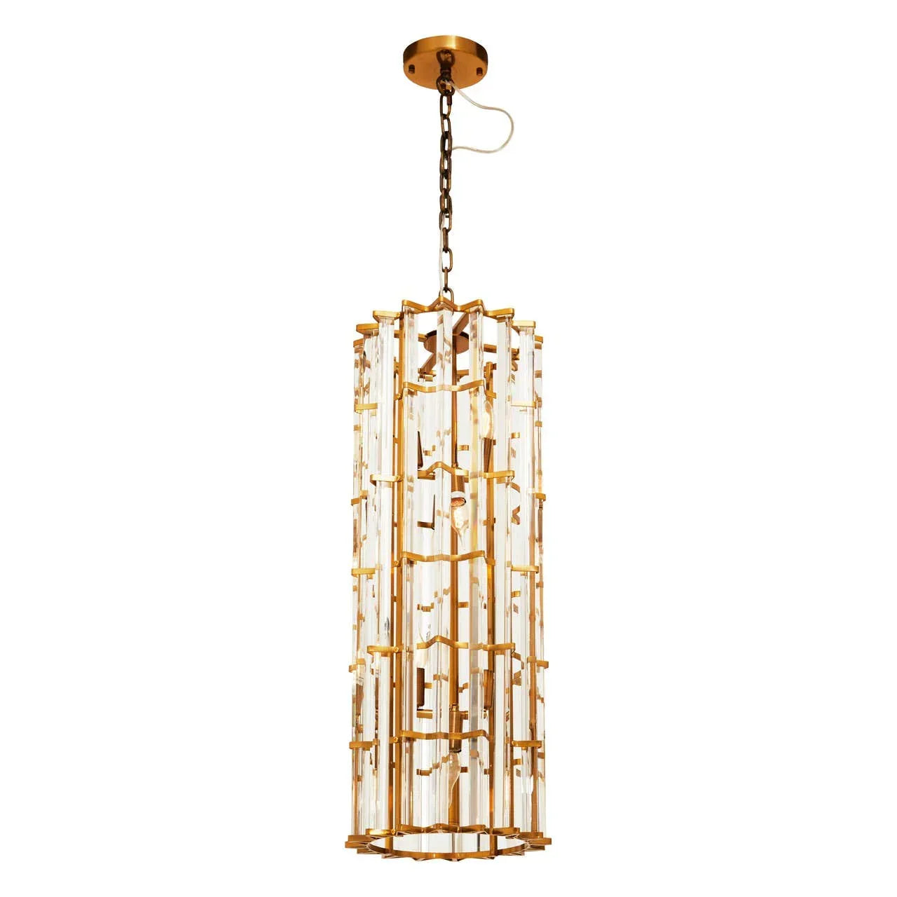 Gold metal and glass pendant light with vertical crystal rods and chain ceiling mount