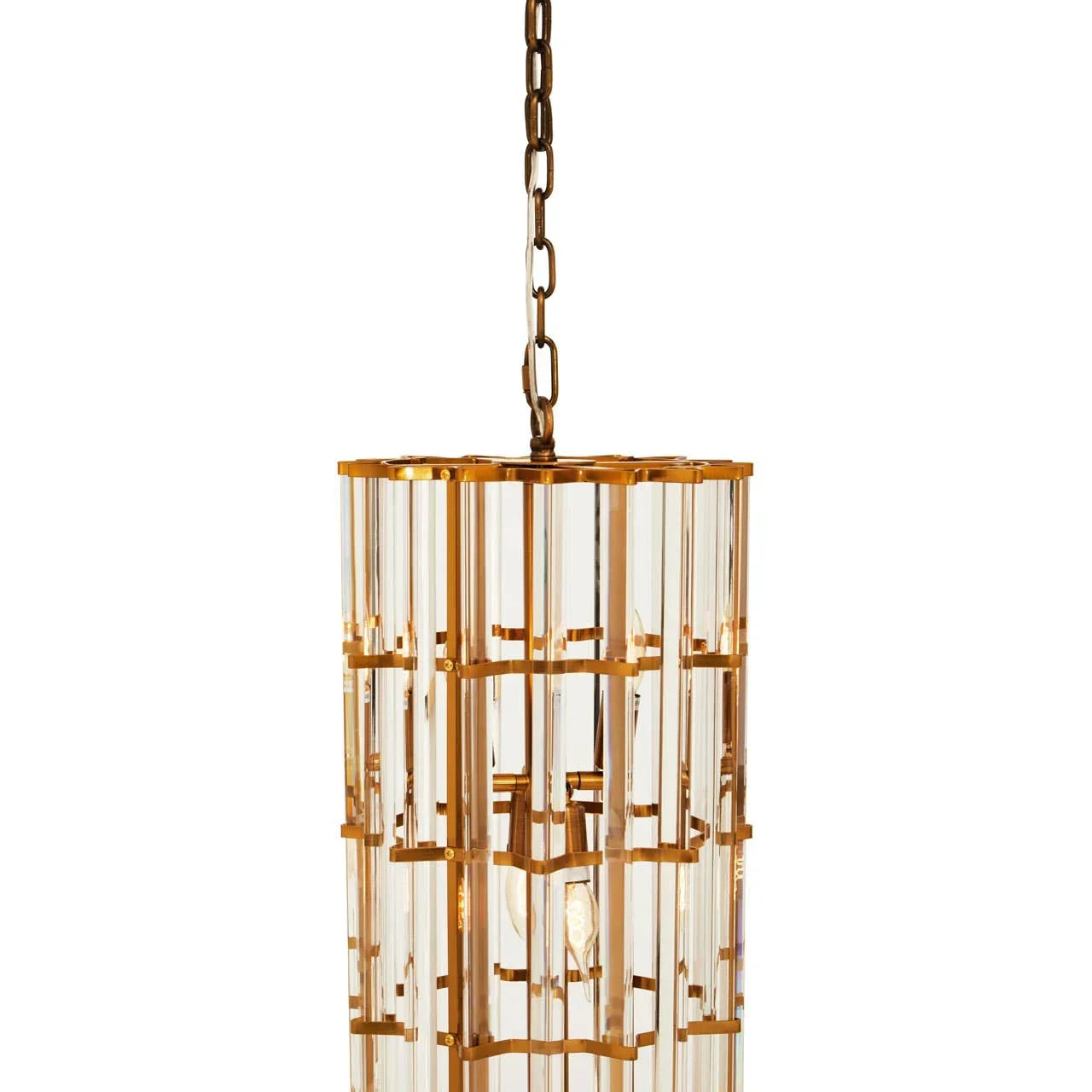 Gold and glass pendant light with cylindrical frame and hanging chain