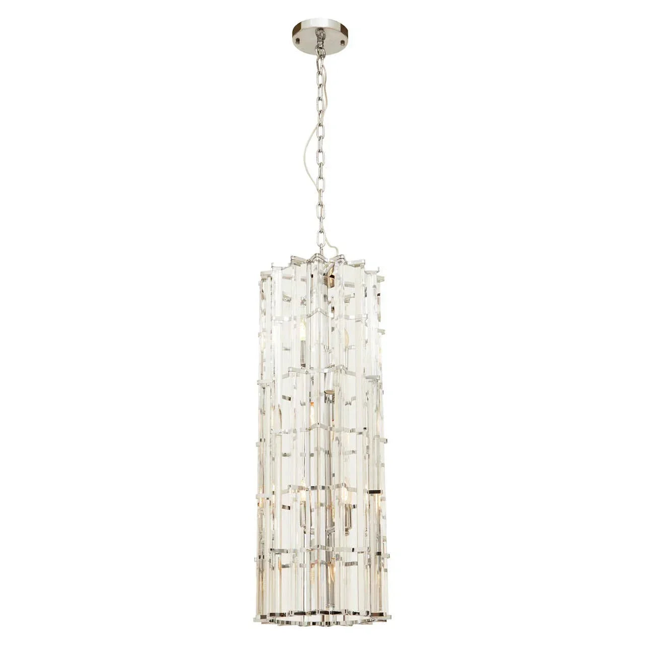 Modern crystal pendant light with chrome chain and rectangular clear glass panels