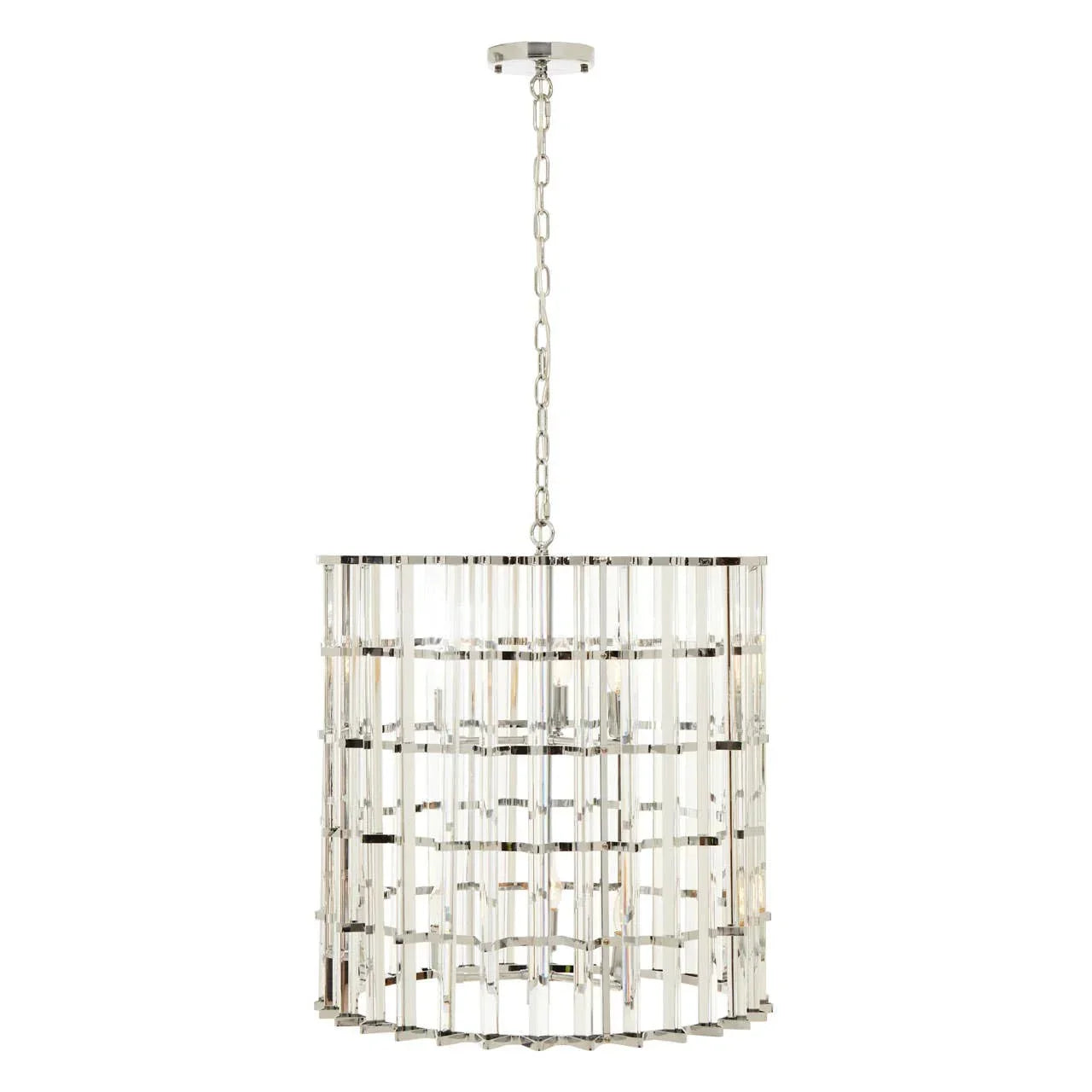 Crystal glass pendant chandelier with chrome frame and chain suspension