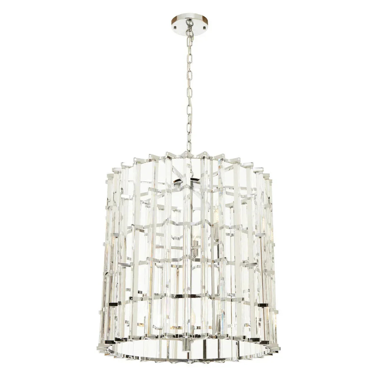 Modern crystal chandelier with chrome frame and cylindrical hanging design