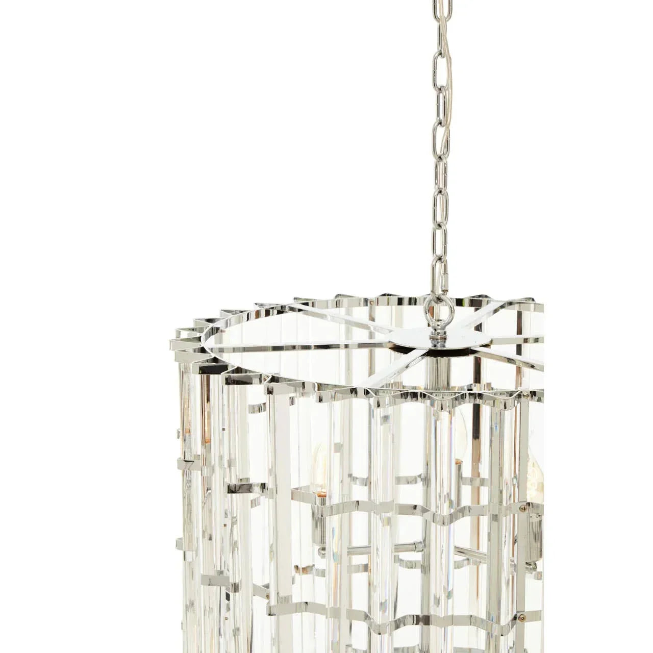 Chrome and crystal pendant light with geometric glass panels and chain suspension