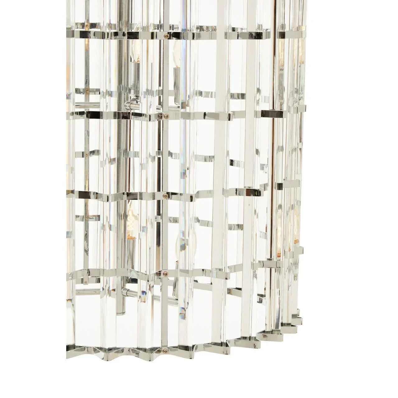 Modern crystal chandelier with rectangular prisms and chrome frame close-up