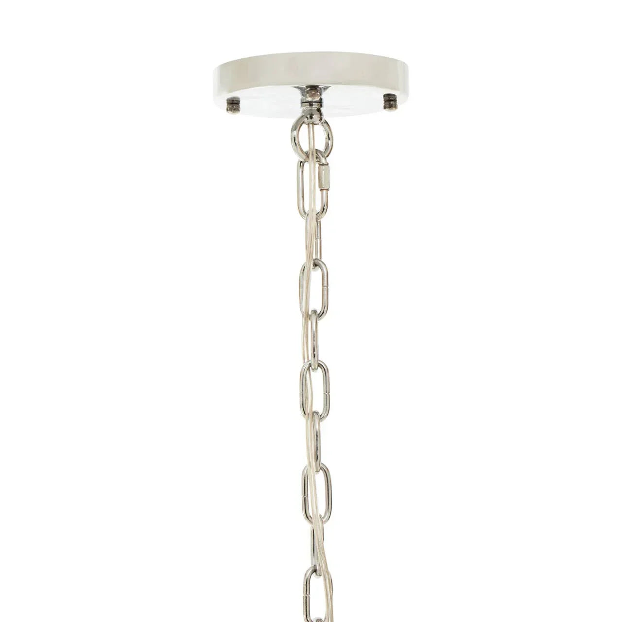 Chrome ceiling light chain with round ceiling rose, close-up view