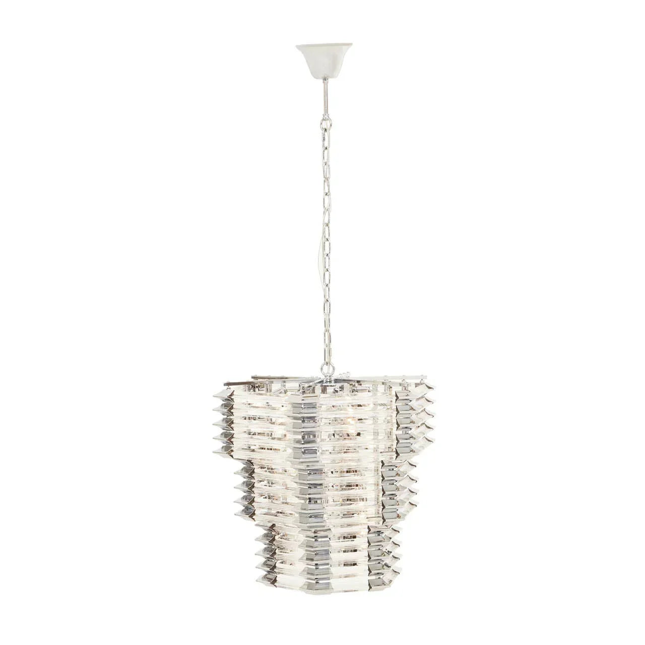 Modern crystal pendant ceiling light with chrome accents and tiered geometric design