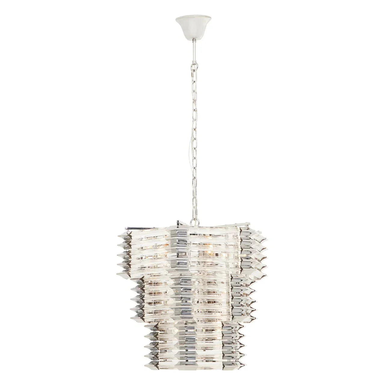 Modern crystal pendant light with layered glass spikes and chrome finish on white background