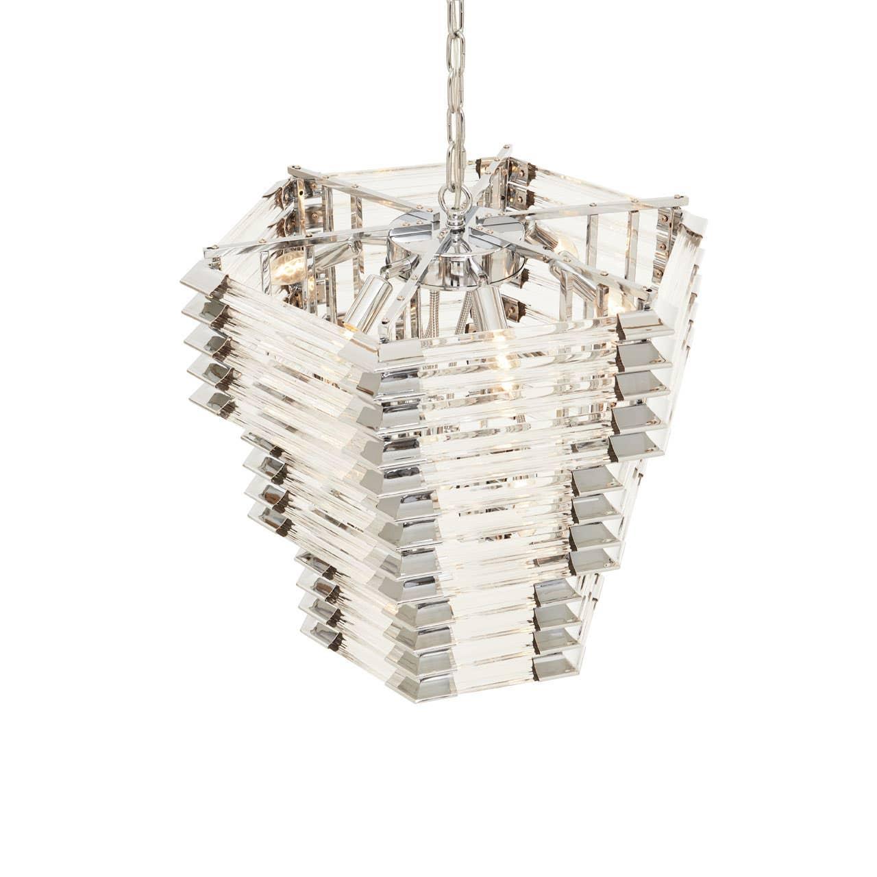 Geometric crystal chandelier with chrome frame and layered glass panels hanging by a chain