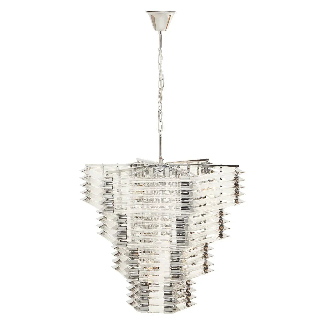 Modern glass pendant chandelier with layered clear panels and chrome accents