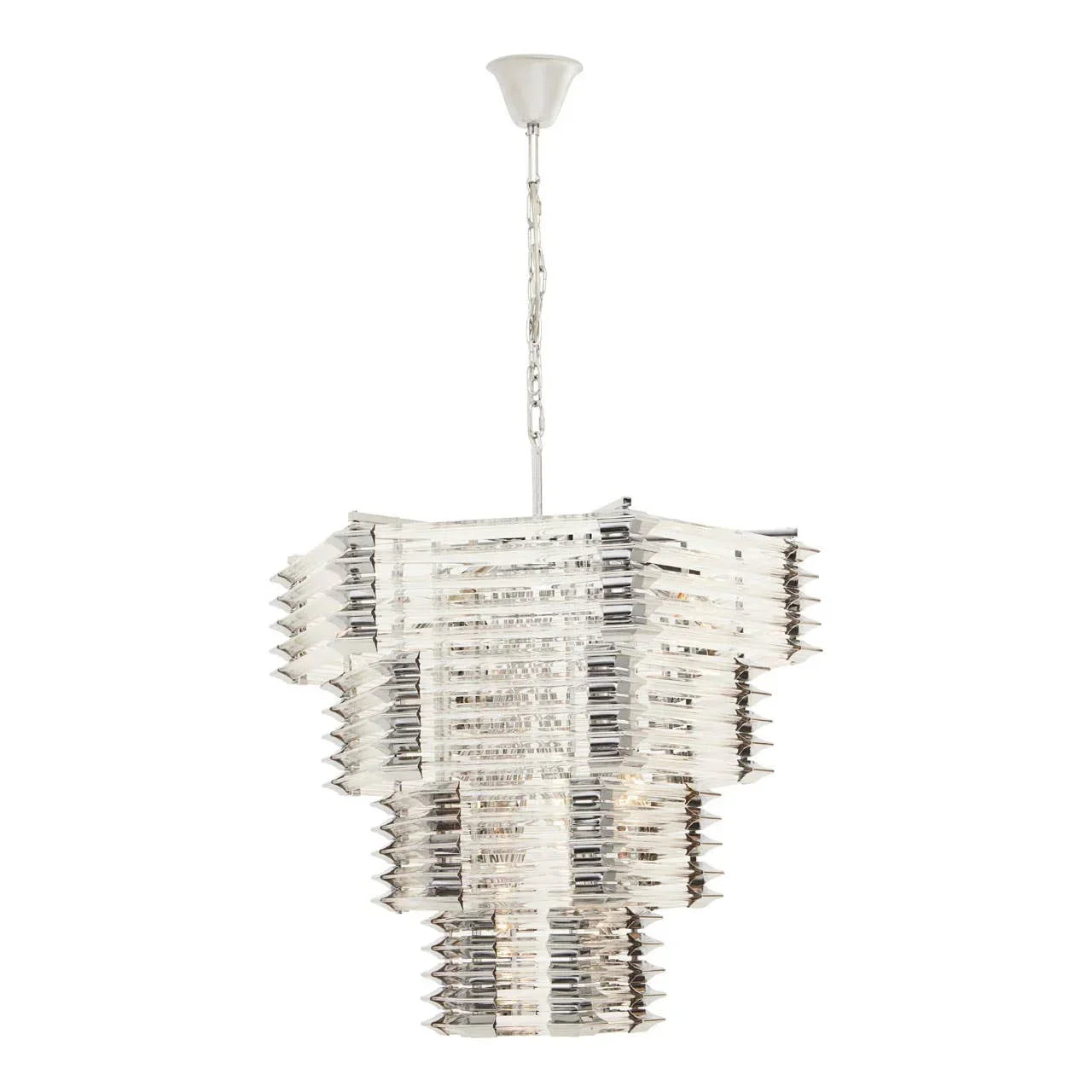 Modern crystal chandelier with tiered rectangular glass panels and chrome accents