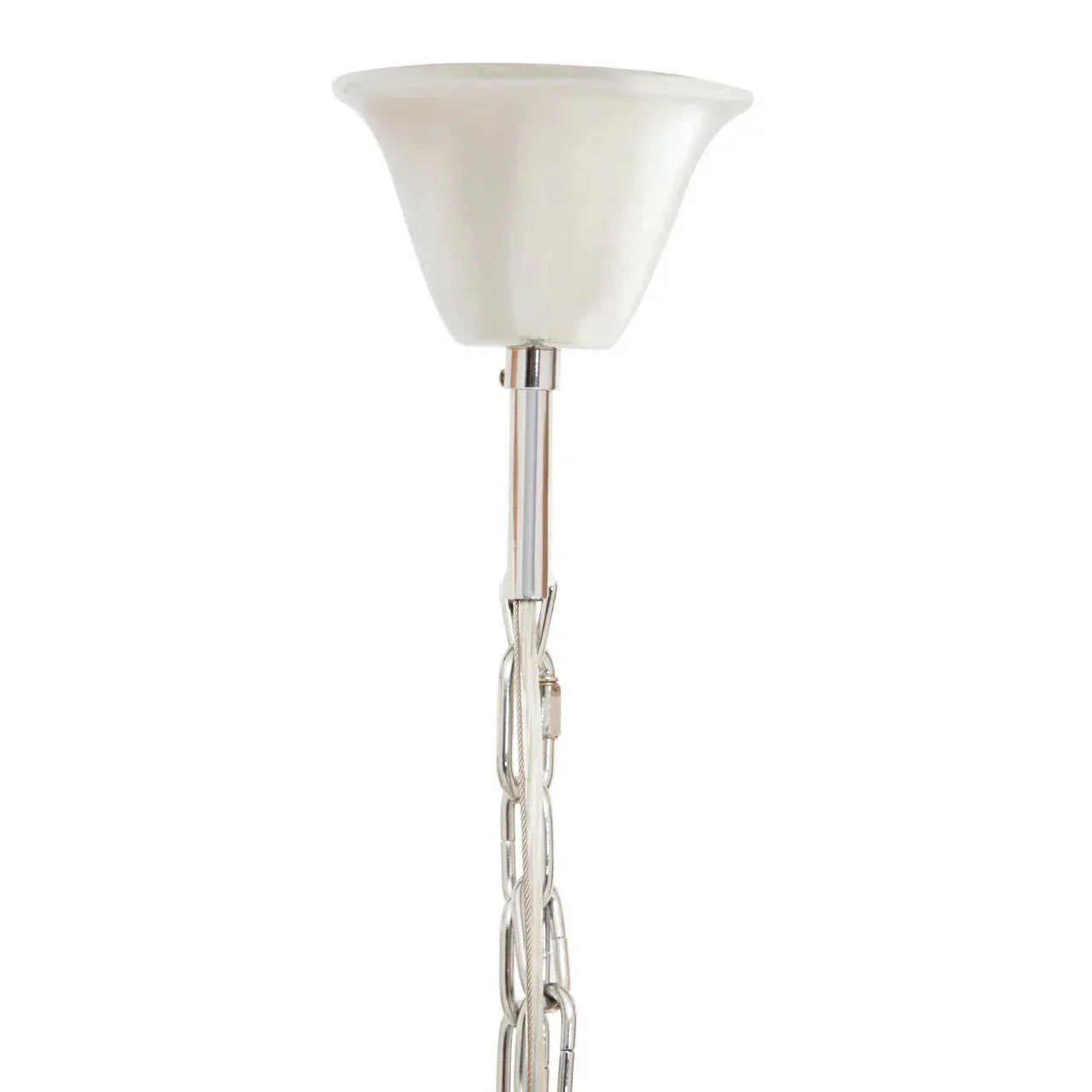 Ceiling light fitting with white glass shade and chrome chain detail