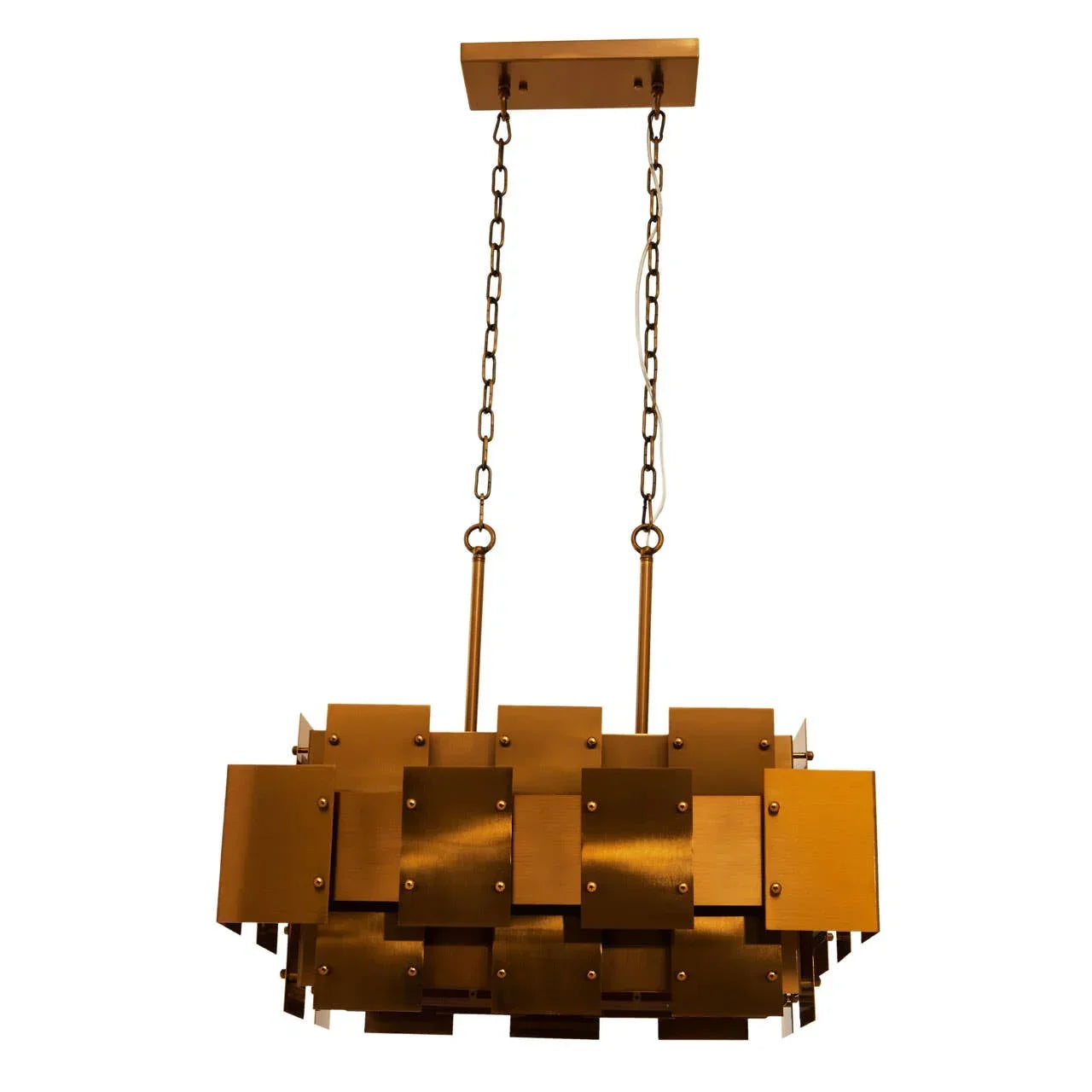 Rectangular gold metal pendant ceiling light with layered geometric panels and dual chain suspension