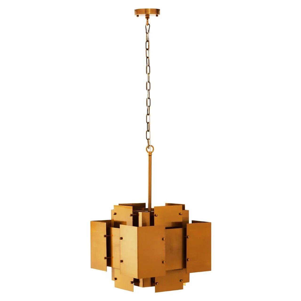 Modern gold pendant light with geometric metal design and ceiling chain