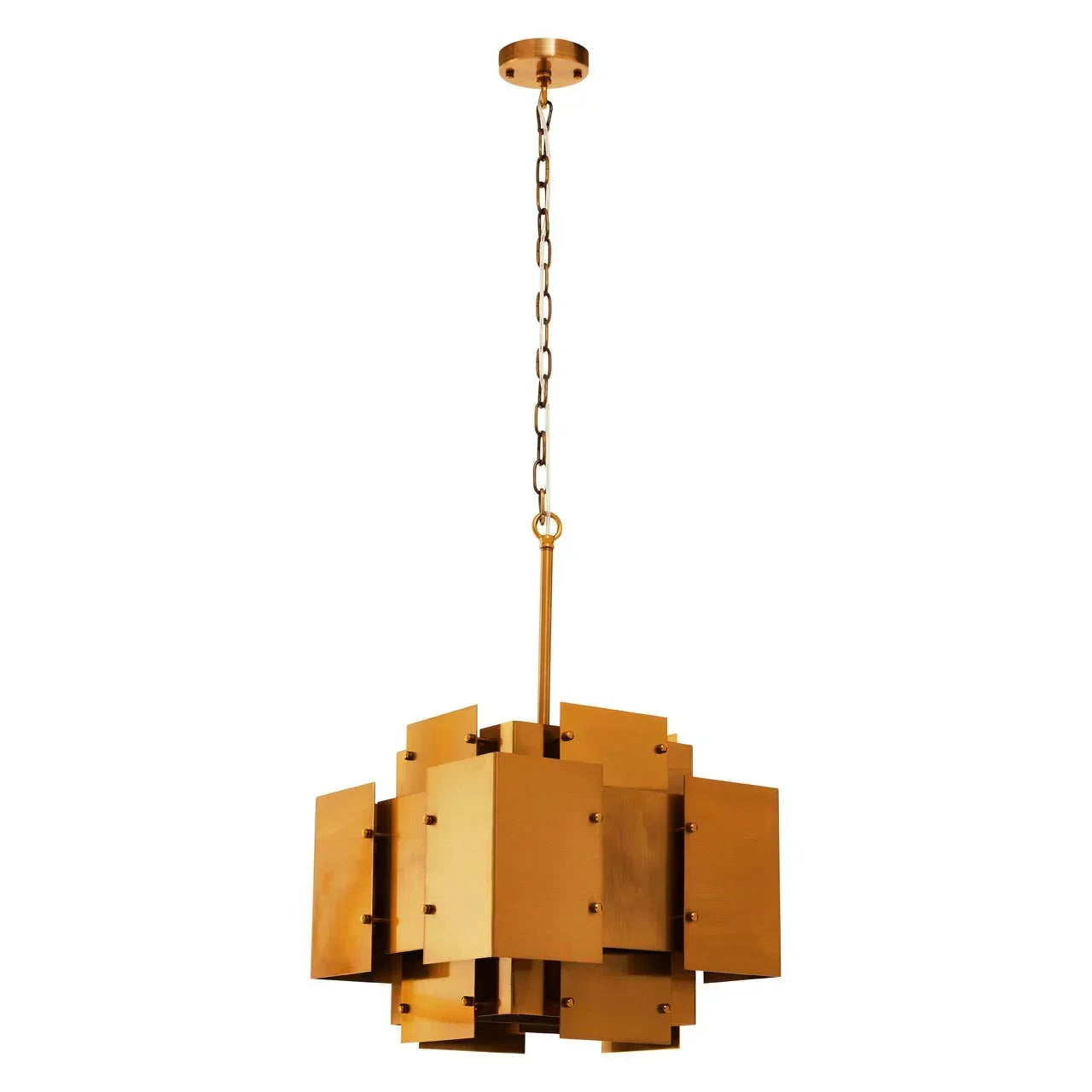Brass ceiling pendant light with geometric panels and gold finish hanging from chain