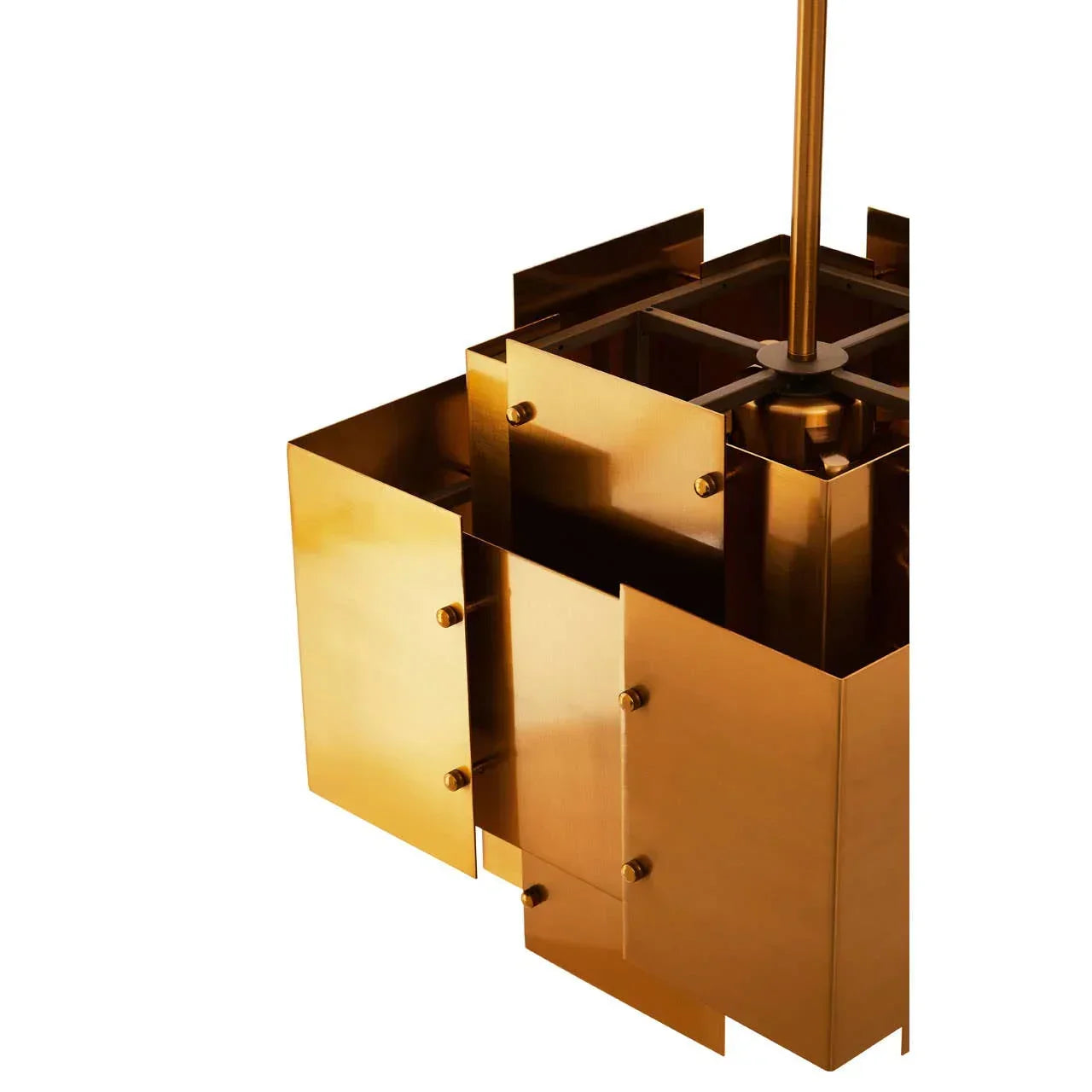 Modern gold metal pendant light with geometric panels and brass finish, close-up view