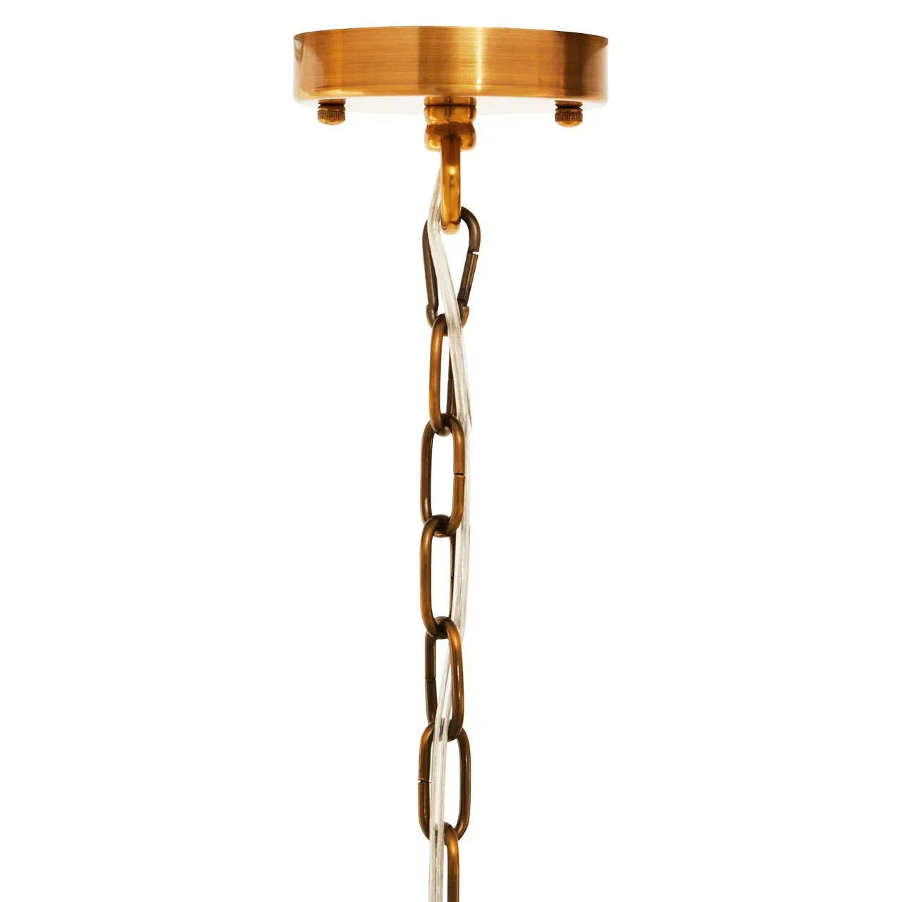Antique brass ceiling light chain with clear electrical cable attached to ceiling rose