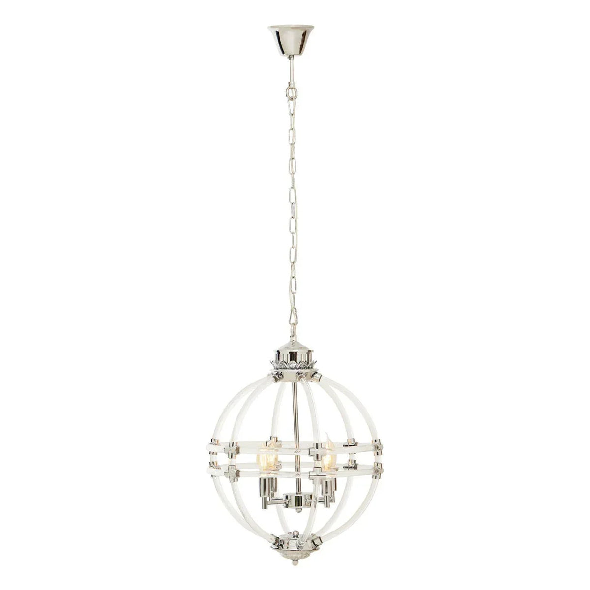 Chrome and glass globe pendant ceiling light with exposed bulbs and chain suspension