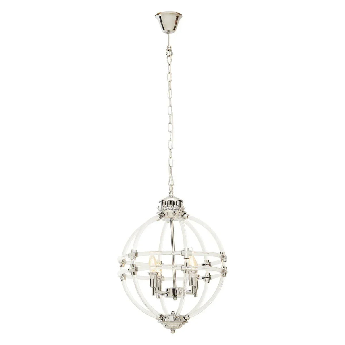 Chrome and glass globe chandelier with three candle lights suspended by chain