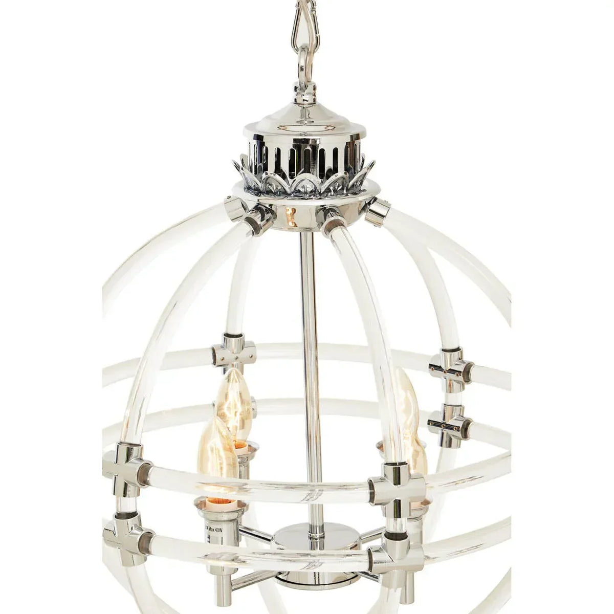 Chrome and glass globe pendant light with exposed bulbs, modern ceiling lighting