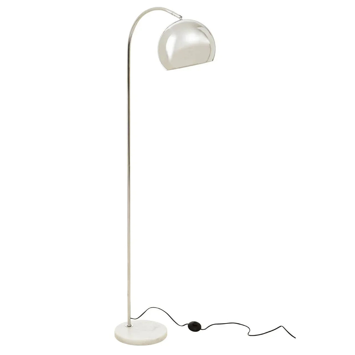 Chrome floor lamp with arched stem and dome shade on white base, side view