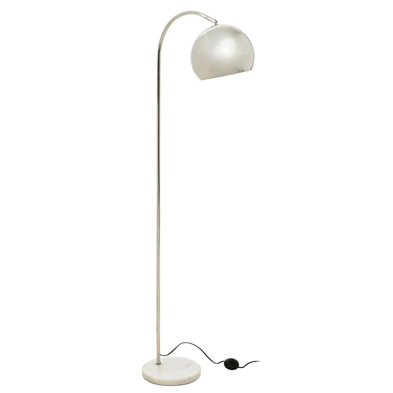 Modern silver floor lamp with arched stand and dome shade on marble base