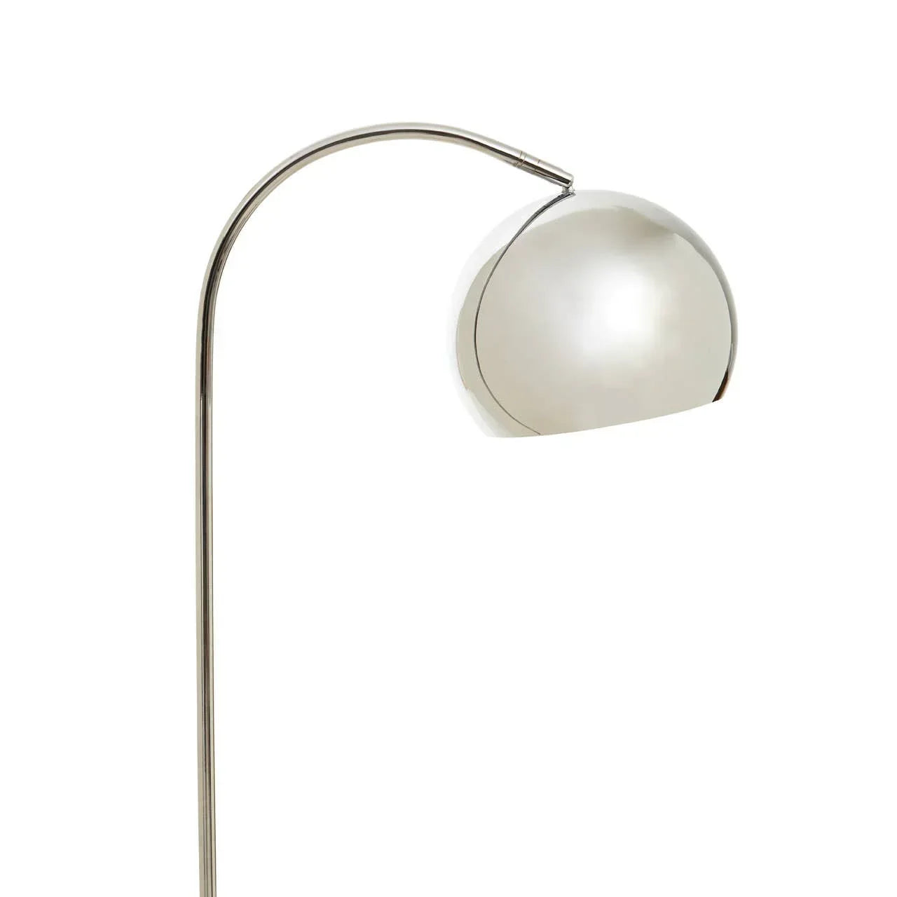 Chrome floor lamp with curved stand and dome-shaped metal lampshade