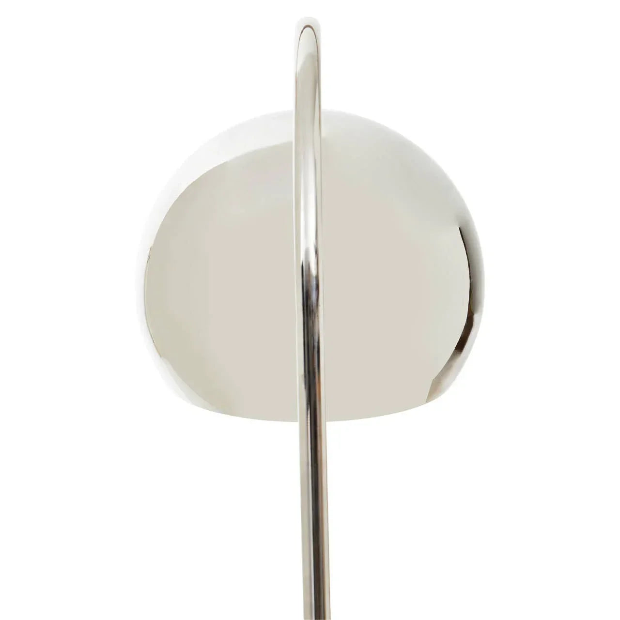 Chrome floor lamp dome shade with curved metal stem, close-up front view
