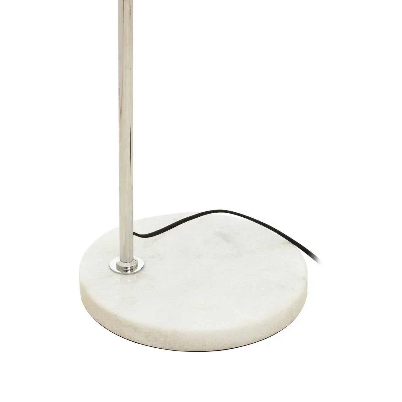 Floor lamp chrome pole with round white marble base and visible black power cord