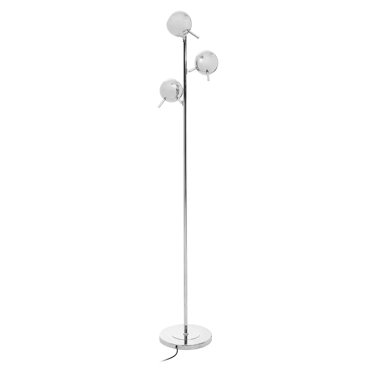 Chrome floor lamp with three adjustable spherical shades on slim metal stand