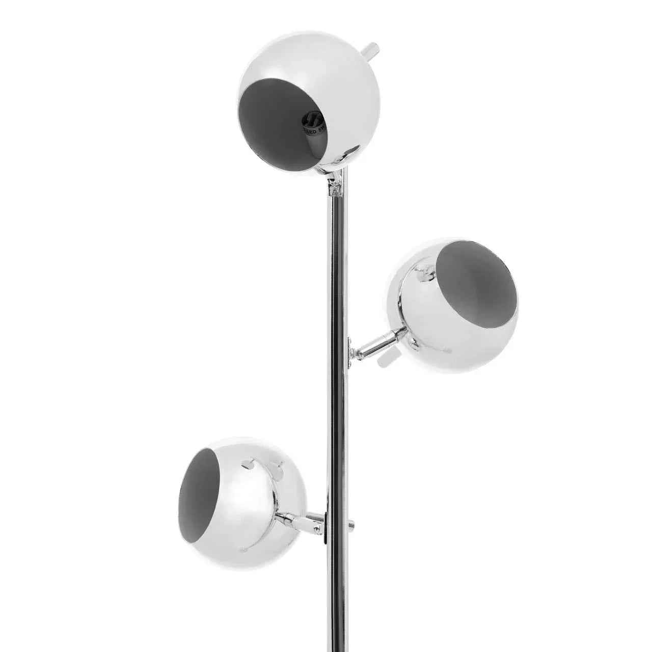 Chrome floor lamp with three adjustable spherical spotlights on vertical stand
