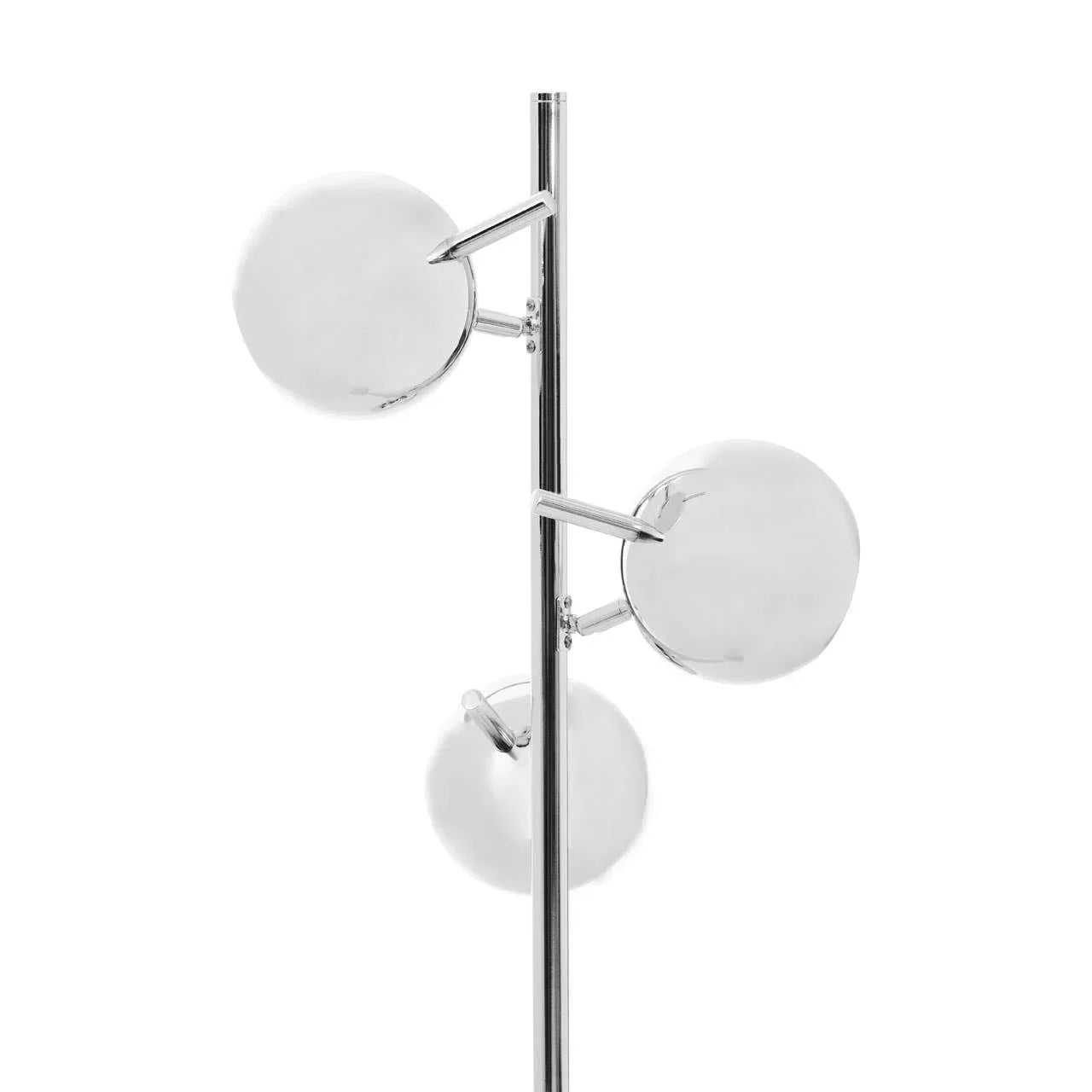 Modern floor lamp with chrome stand and three round glass shades in a vertical arrangement