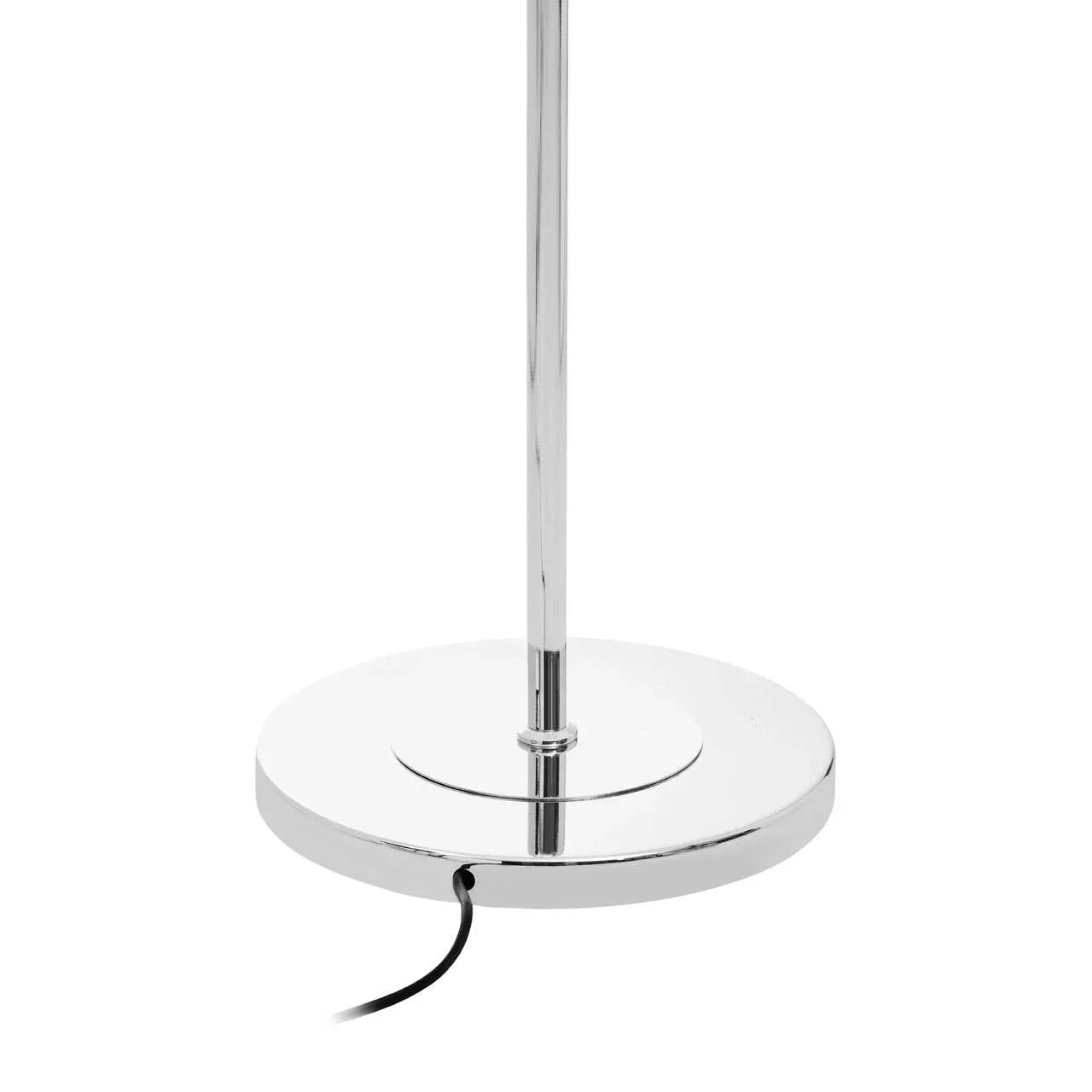 Chrome floor lamp base with round shape and visible power cord on white background