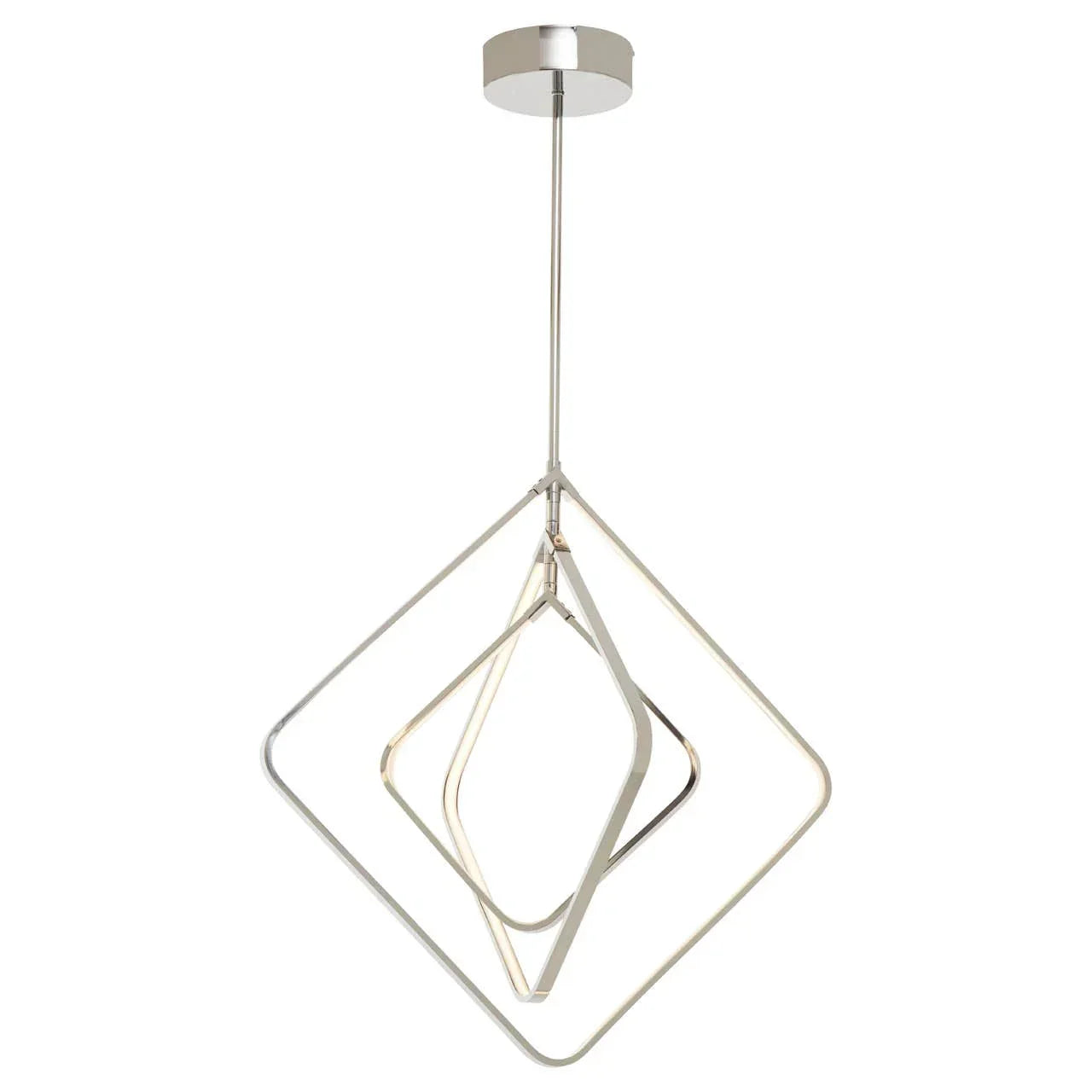 Modern LED pendant light with geometric metal frame in brushed nickel finish, suspended view