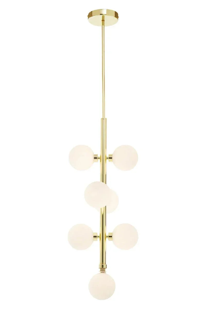 Gold pendant ceiling light with six frosted glass globe shades in a vertical arrangement