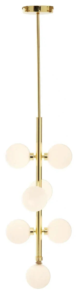 Gold pendant ceiling light with six white glass globe shades in vertical arrangement