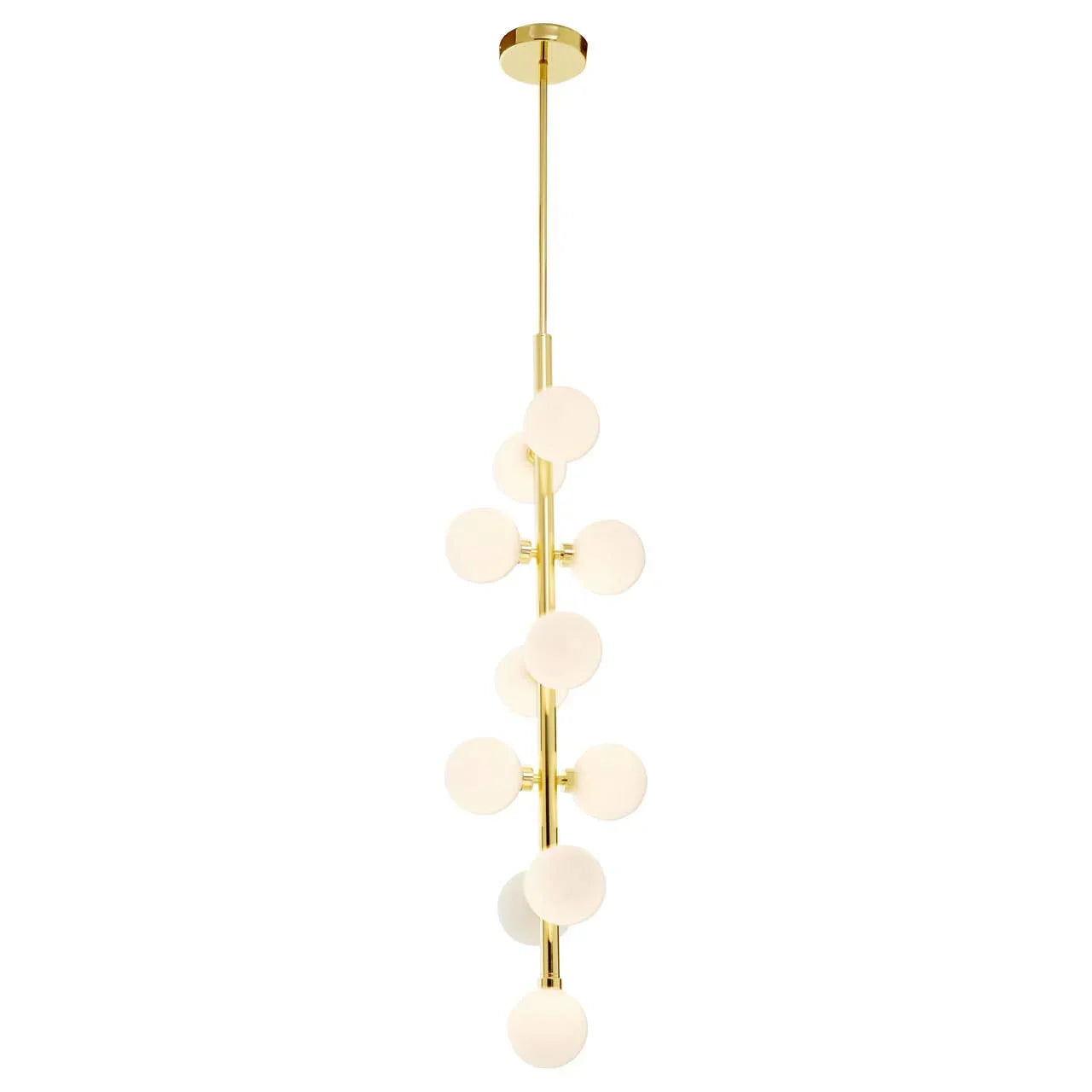Gold modern pendant light with frosted glass globe shades hanging vertically