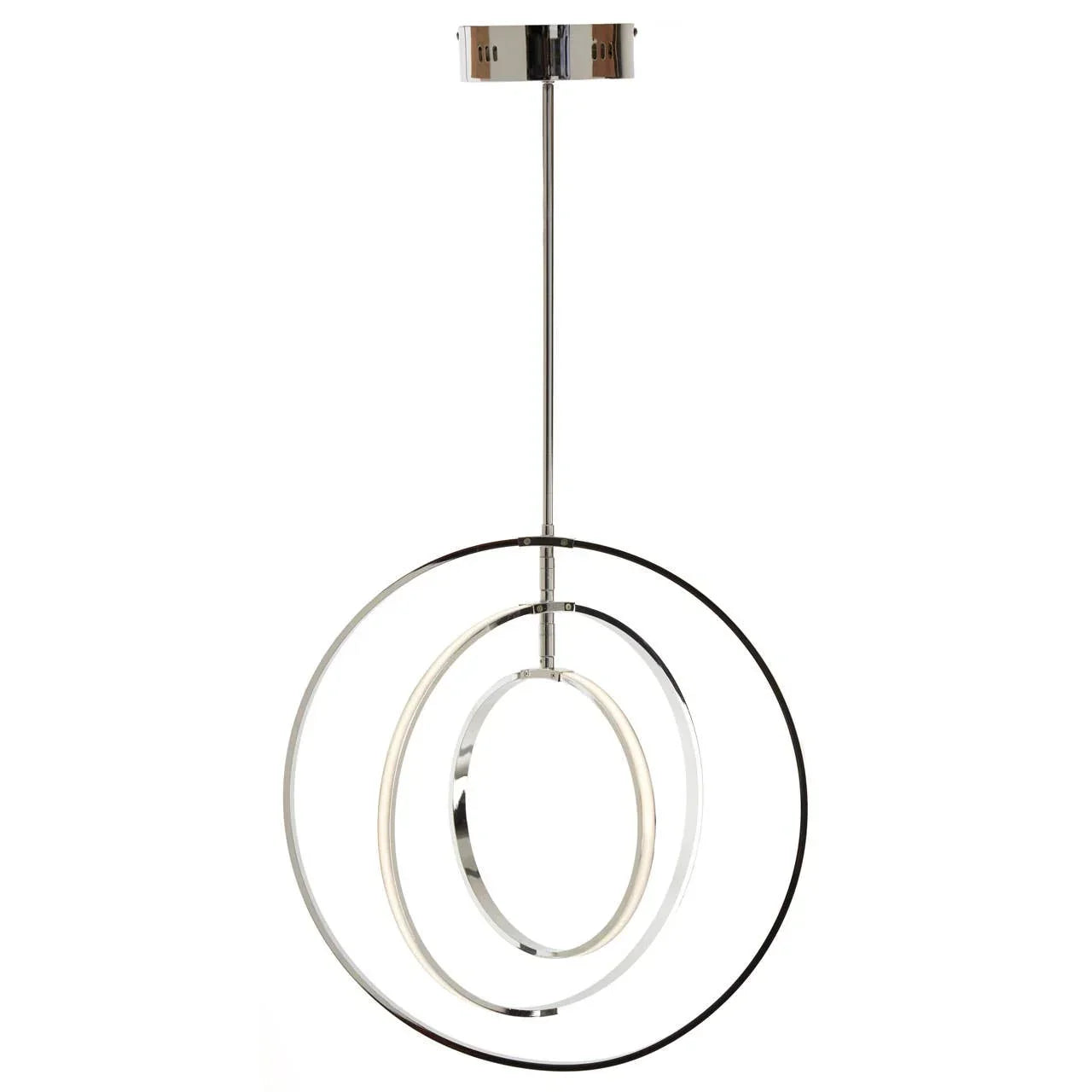 Chrome LED ceiling light with two circular rings suspended from a rod