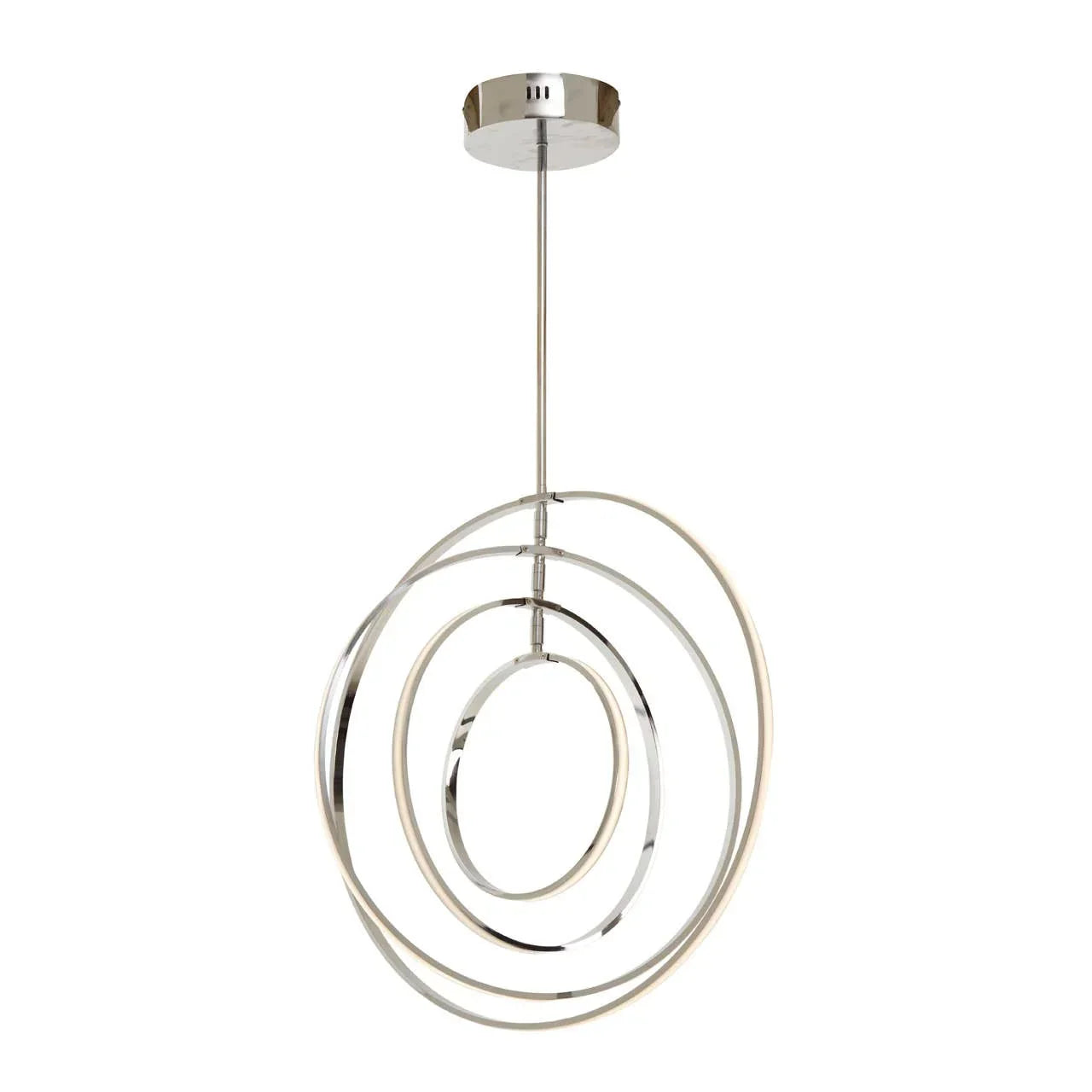Modern chrome ring pendant light with three interlocking LED circles, ceiling mounted
