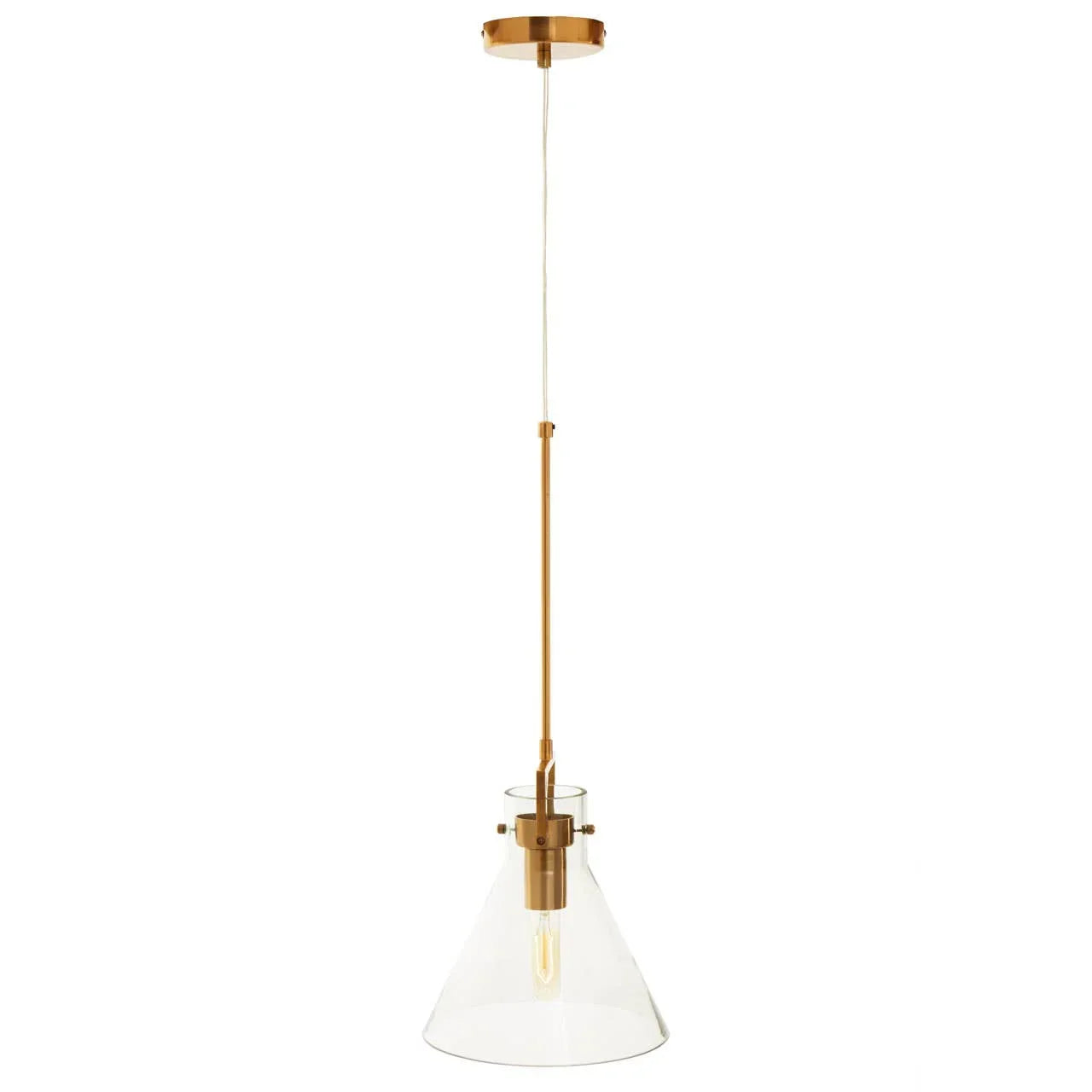 Glass pendant light with gold metal fitting and conical shade, suspended from ceiling