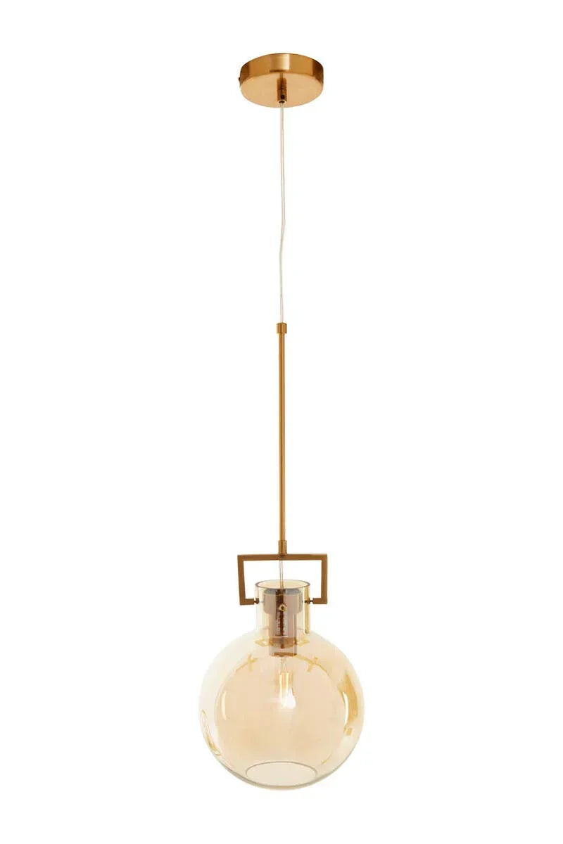 Gold pendant light with glass globe shade and metal ceiling plate