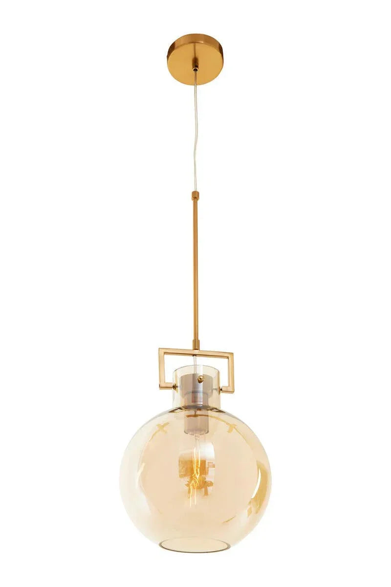 Amber glass globe pendant light with gold ceiling mount and exposed bulb