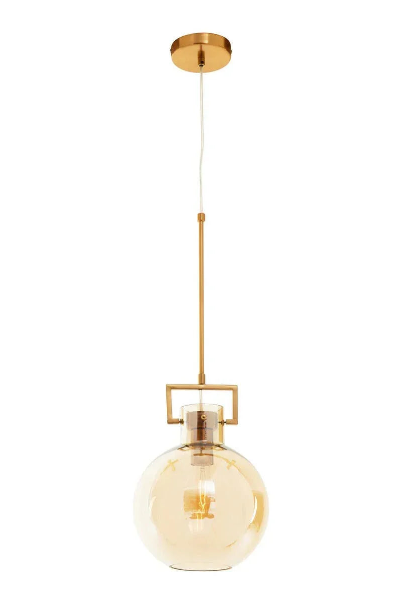 Gold pendant light with round glass shade and visible filament bulb, modern ceiling lighting
