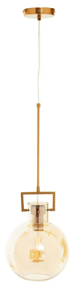 Gold pendant ceiling light with clear glass globe shade and exposed bulb