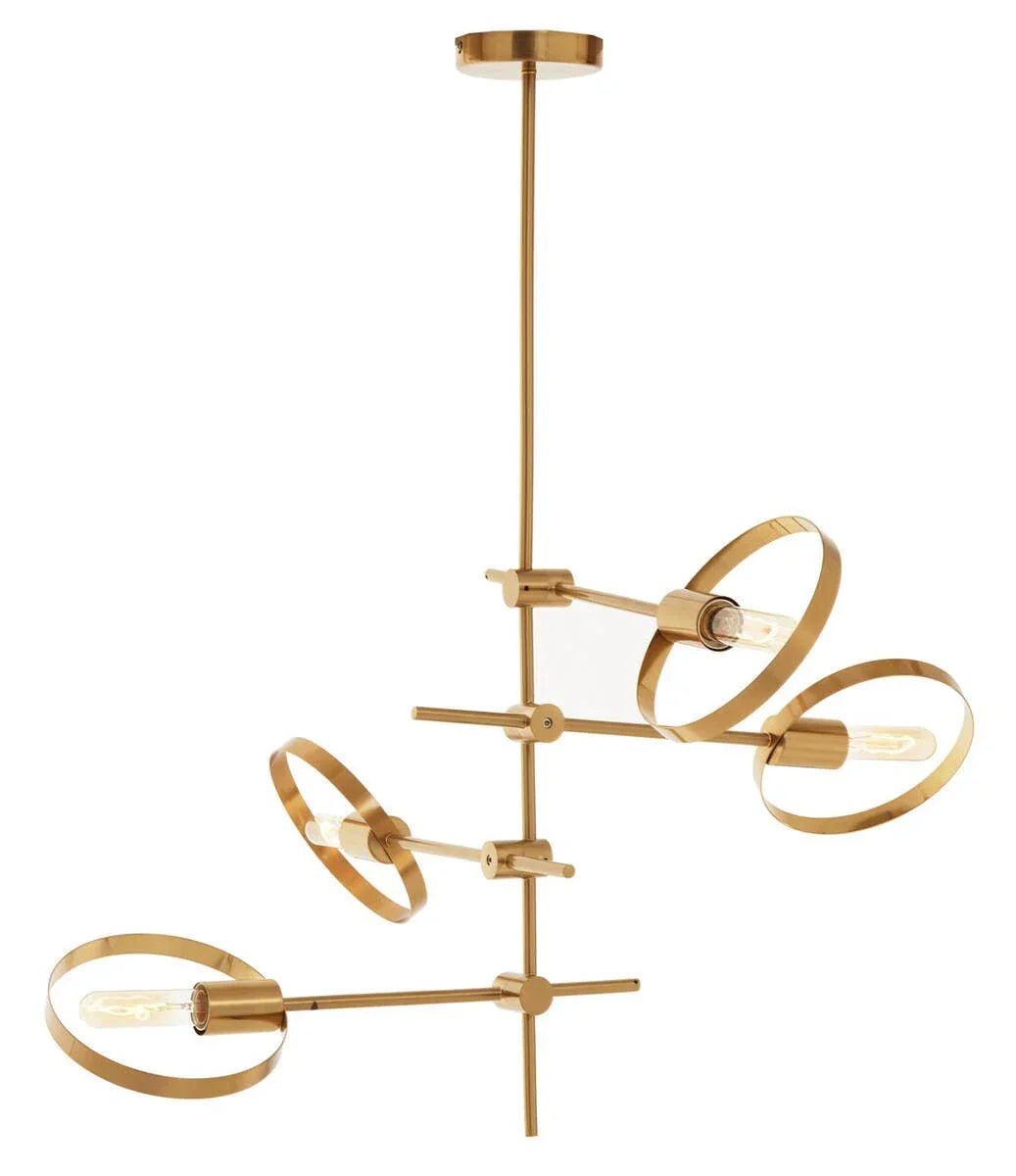 Gold metal chandelier with exposed bulbs and circular geometric design