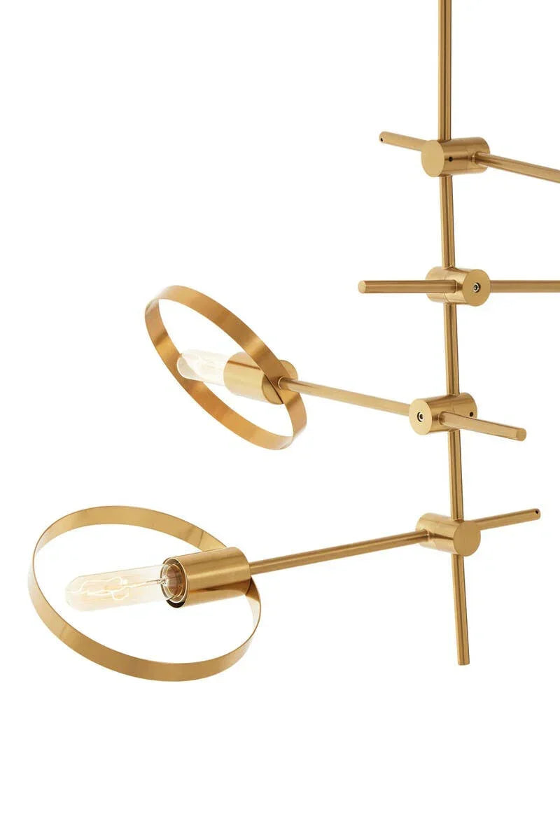 Modern gold metal ceiling light fixture with exposed bulbs and ring accents