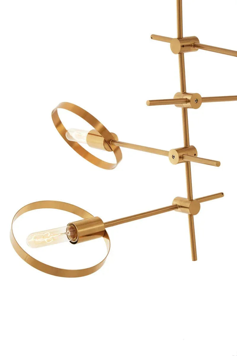 Gold metal modern chandelier with circular frames and exposed filament bulbs