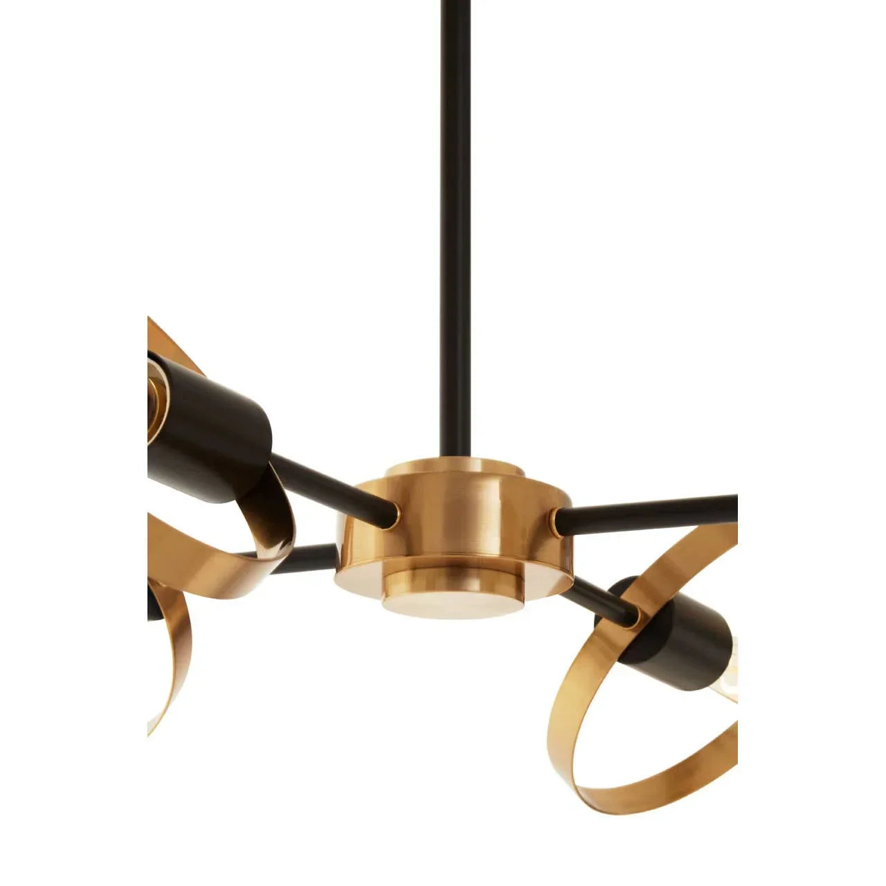 Modern gold and black ceiling light fixture with metal arms and looped accents