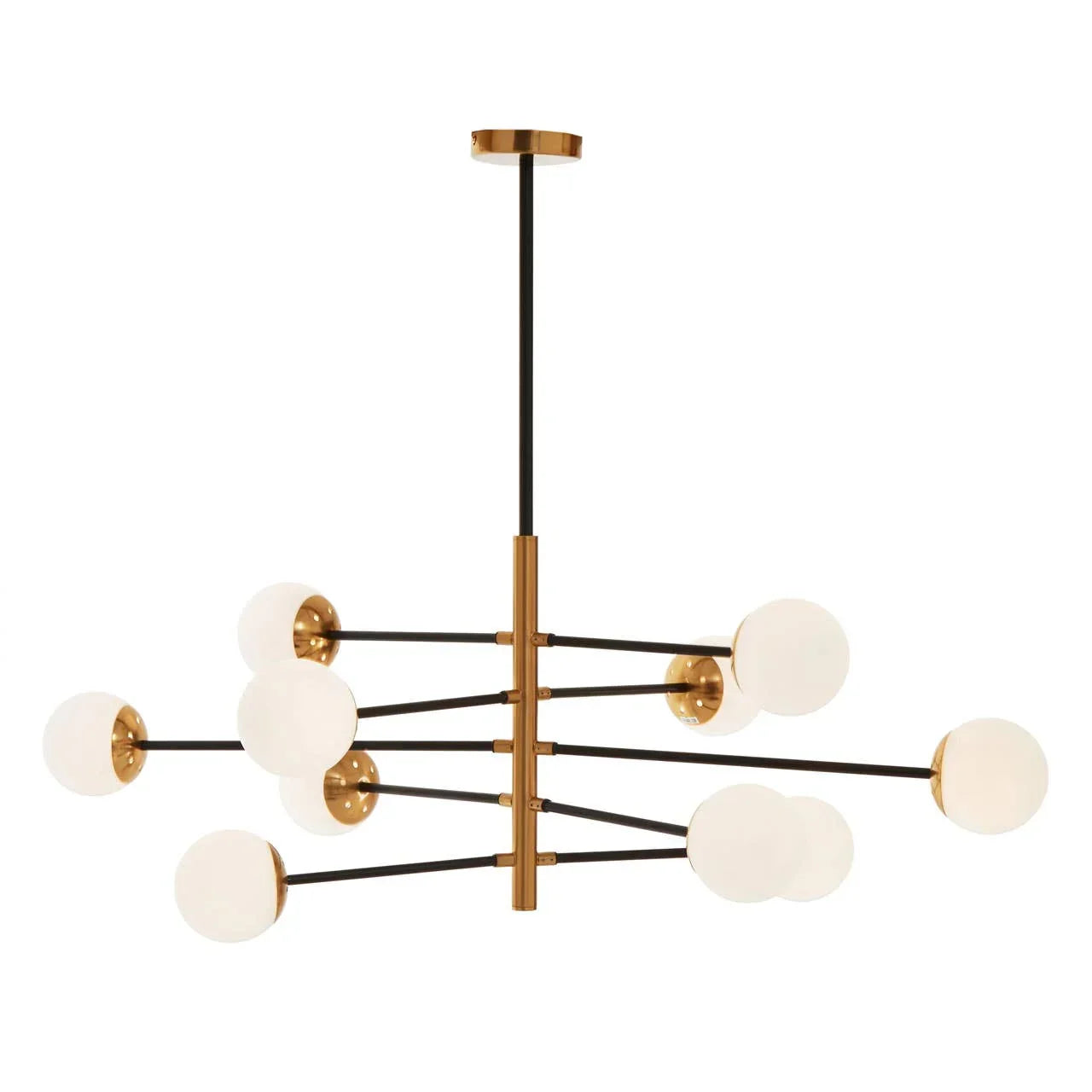 Modern chandelier with gold frame and eight frosted glass globes, suspended from ceiling